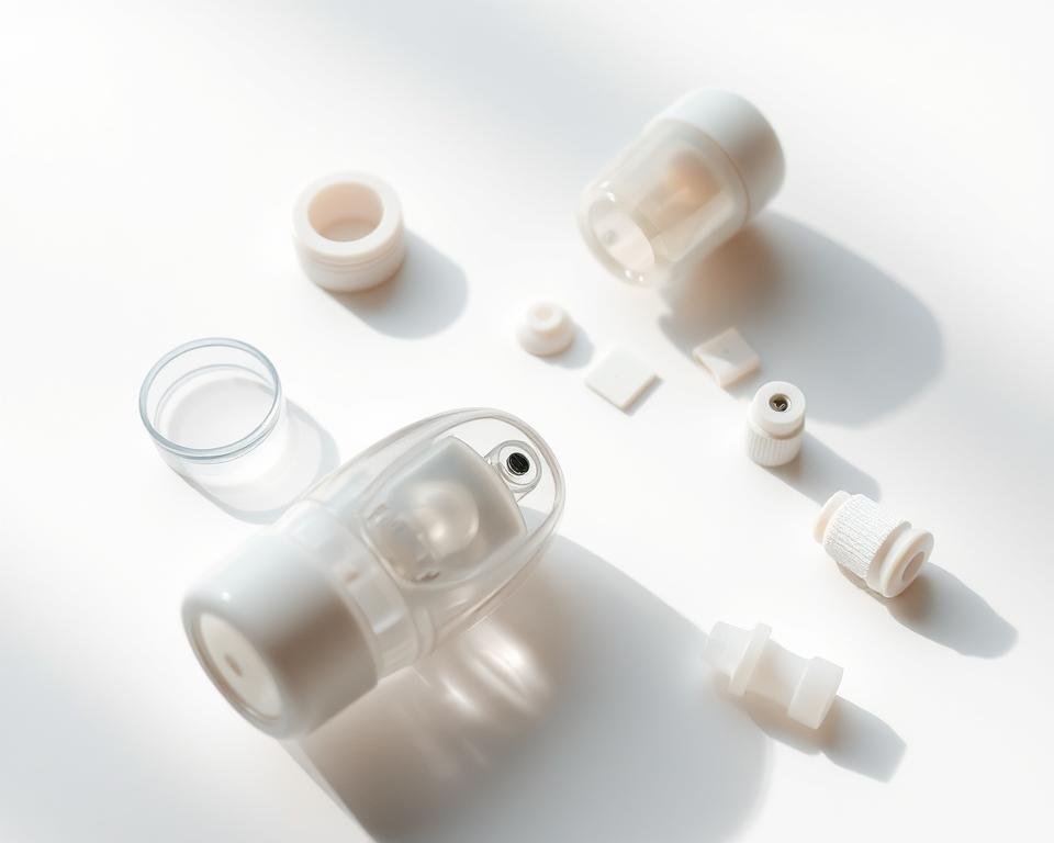 A pristine white surface, bathed in soft, indirect lighting, serves as the backdrop for a disassembled Fleshlight Turbo Thrust. The device's intricate components are meticulously arranged, showcasing the cleaning process in a technical yet visually appealing manner. The transparent sleeve, the inner texture, and the various attachments are clearly visible, allowing the viewer to understand the step-by-step maintenance required for this intimate product. The overall composition is clean, well-organized, and invites the viewer to appreciate the thoughtful design and attention to detail that goes into ensuring the Fleshlight Turbo Thrust remains in optimal condition for a pleasurable and hygienic user experience.
