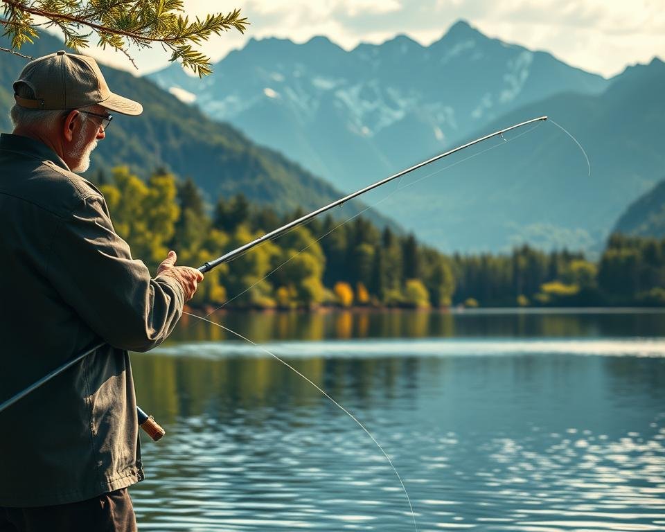A serene lakeside scene captures a skilled angler, Yamamoto Slinko, intently focused on his craft. In the foreground, Yamamoto casts his line with a fluid, practiced motion, his eyes scanning the water for signs of fish. The middle ground reveals a tranquil, mirror-like surface, reflecting the surrounding lush, verdant foliage. In the background, towering mountains rise, their peaks capped with snow, creating a dramatic and picturesque backdrop. Soft, diffused natural lighting bathes the scene, casting a warm, golden glow and enhancing the sense of peaceful contemplation. The overall composition conveys a harmonious interplay between man, nature, and the art of fishing, perfectly capturing the techniques and experiences of the renowned Yamamoto Slinko.