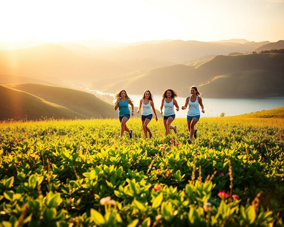 A serene landscape unfolds, showcasing the bountiful benefits of sustainable weight loss. In the foreground, a vibrant, verdant meadow with lush, flourishing vegetation symbolizes the natural, holistic approach. Gently rolling hills recede into the distance, bathed in the warm glow of the sun, casting a soft, golden light across the scene. In the middle ground, a group of smiling, energetic individuals engage in light, joyful physical activities, embodying the renewed vitality and well-being that accompanies a healthy lifestyle. The background features a tranquil, pristine body of water, its calming presence mirroring the inner peace and balance achieved through mindful weight management. The overall atmosphere evokes a sense of harmony, progress, and the empowering rewards of sustainable weight loss.