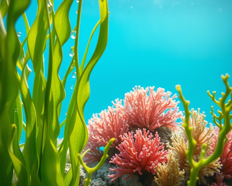 A serene underwater scene showcasing the benefits of seaweed for skincare. In the foreground, lush strands of kelp and vibrant sea lettuce gracefully sway, their nutrient-rich fronds glistening with droplets of pristine seawater. In the middle ground, delicate anemones and corals in shades of pink and purple add a soothing, natural aesthetic. The background fades into a tranquil, azure blue expanse, creating a sense of depth and tranquility. Soft, diffused lighting emanates from above, casting a warm, ethereal glow over the entire composition. The overall scene conveys the rejuvenating and nourishing properties of seaweed-based skincare products.