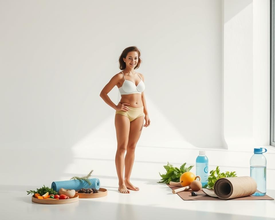 A serene, well-lit scene depicting the benefits of weight loss and wellness. In the foreground, a toned and vibrant figure stands against a clean, minimalist background, radiating energy and confidence. The middle ground showcases various healthy lifestyle elements, such as a nutritious meal, a yoga mat, and a water bottle, highlighting the holistic approach to wellness. The background features a lush, verdant landscape, symbolizing the rejuvenating and restorative aspects of a healthy lifestyle. The overall composition conveys a sense of balance, harmony, and the positive outcomes of prioritizing one's well-being.