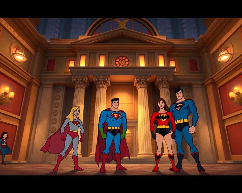 A side-by-side comparison of the original 1970s Super Friends cartoon and a high-definition restoration. In the foreground, the vintage animation with its characteristic flat colors and limited animation. In the middle, the same scene remastered in stunning 4K detail, showcasing crisp lines, vibrant hues, and fluid motion. The background features the iconic Hall of Justice, its iconic architecture shining with a pristine, photorealistic clarity. Warm, nostalgic lighting illuminates the two versions, evoking a sense of wonder and appreciation for the evolution of this beloved franchise. The scene is captured from a slightly elevated angle, providing an immersive, cinematic perspective.