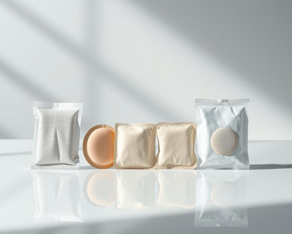 A side-by-side comparison of various wrinkle patches, showcased on a clean, reflective surface with soft, directional lighting. In the foreground, the wrinkle patches are displayed neatly, allowing viewers to examine their textures, shapes, and sizes. The middle ground features a minimalist layout, with a plain background that allows the products to take center stage. The lighting casts subtle shadows, emphasizing the dimensional qualities of the patches. The overall mood is one of clinical evaluation, inviting the viewer to closely inspect and compare the alternatives.