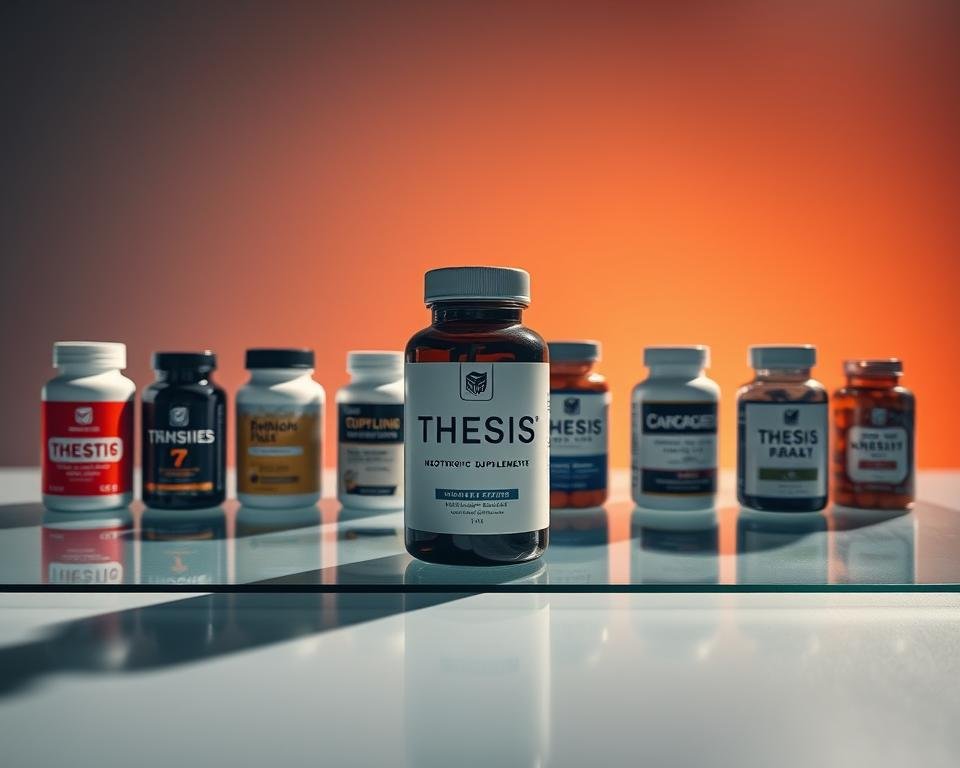 A sleek and modern desk setup with a glass top displaying various nootropic supplements arranged in a comparison grid. In the foreground, the Thesis nootropic bottle stands prominently, surrounded by smaller bottles of competing brands. Soft, directional lighting creates dynamic shadows that accentuate the textures and shapes of the products. The background features a minimalist, gradient-colored wall that lets the supplements take center stage. The overall composition conveys a sense of scientific inquiry and consumer decision-making.