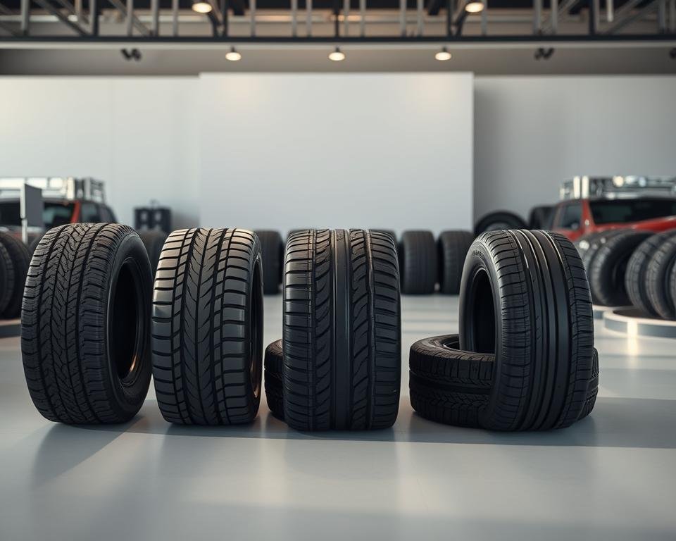 A sleek showroom display showcasing a variety of Arroyo tire models, captured in soft, natural lighting. In the foreground, three distinct sets of tires are meticulously arranged, allowing for a detailed comparison of their tread patterns, sidewall designs, and overall dimensions. The middle ground features a clean, minimalist backdrop, highlighting the tires as the focal point. The background subtly suggests an automotive setting, with hints of chrome and polished surfaces creating a sense of high-end sophistication. The overall mood is one of precision, quality, and an invitation to closely examine the unique features of each Arroyo tire model.