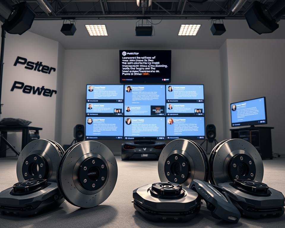 A sleek, well-lit studio setup capturing the essence of Power Stop brake reviews. In the foreground, an assortment of high-quality brake discs and calipers, meticulously photographed from various angles to showcase their design and craftsmanship. In the middle ground, a collection of user testimonials and feedback displayed on crisp, high-resolution screens, capturing the real-world experiences of Power Stop customers. The background features a clean, minimalist environment with subtle branding elements, lending an air of professionalism and credibility to the scene. Soft, diffused lighting illuminates the entire composition, creating a sense of depth and highlighting the details of the products and reviews.