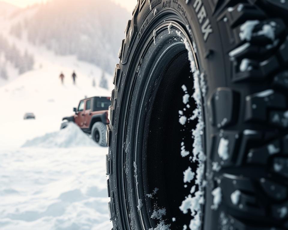 A snowy winter landscape, with a Cooper Stronghold AT tire prominently displayed in the foreground. The tire's treads and sidewall details are crisp and highly detailed, showcasing its rugged all-terrain design. In the middle ground, a partially obscured off-road vehicle navigates through the deep snow, its wheel arches partially buried, conveying the tire's impressive snow traction capabilities. The background features a mountainous, heavily-forested scene, bathed in a soft, diffused light that creates a serene, atmospheric ambiance. The overall mood is one of adventure, capability, and the resilience of the Cooper Stronghold AT tire in challenging winter conditions.