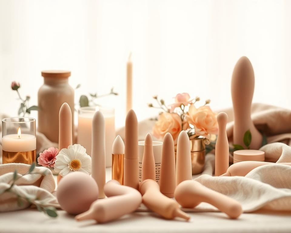 A tasteful still life arrangement of high-quality silicone pleasure products set against a soft, diffused lighting. The foreground features a selection of elegantly designed dildos, vibrators, and other intimate items in a range of natural skin tones and textures. The middle ground includes complementary lifestyle accessories like candles, flowers, and luxurious fabrics. The background is a calming, neutral backdrop that allows the products to take center stage. The overall mood is one of refined sensuality, thoughtfully curated to appeal to a discerning, adult audience.
