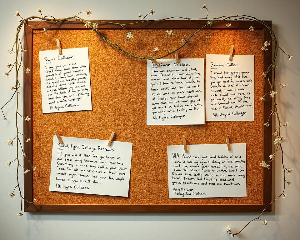 A tastefully designed bulletin board display showcasing handwritten user reviews for HA5 Hydra Collagen skincare product. The reviews are pinned against a warm, neutral-toned background, perhaps a cork board or textured paper. Delicate strands of greenery or flowers frame the edges, creating a natural, organic feel. The handwritten notes are legible yet retain a personal, heartfelt quality, conveying a range of experiences from the product's users. Soft, diffused lighting casts a gentle glow, evoking a sense of authenticity and trustworthiness. The overall composition strikes a balance between professionalism and an intimate, relatable presentation of genuine customer feedback.
