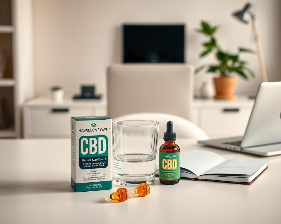 A thoughtful, balanced evaluation of Harrelson's Own CBD products set against a clean, professional backdrop. In the foreground, a meticulously arranged still life with the product packaging, a glass of water, and a few natural CBD oil extract samples. The middle ground features a serene, minimalist office scene with a laptop, notebook, and a potted plant, conveying a sense of considered deliberation. The background is a softly-lit, neutral-toned environment, creating a sense of focus and clarity. The overall mood is one of measured assessment, with careful attention to detail and a commitment to providing an honest, well-informed verdict.