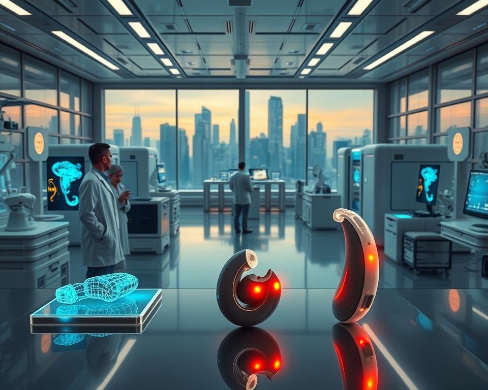 A vast, futuristic laboratory with gleaming, state-of-the-art equipment. In the foreground, researchers in white coats examine intricate ear models and data visualizations on holographic displays. Surrounding them, an array of advanced medical scanners, 3D printers, and robotic assistants. The middle ground features a cutting-edge hearing aid prototype, its sleek design and pulsing LEDs hinting at its sophisticated capabilities. In the background, floor-to-ceiling windows reveal a skyline of towering, futuristic buildings, bathed in the warm glow of an evening cityscape. An atmosphere of innovation, discovery, and the relentless pursuit of medical breakthroughs.