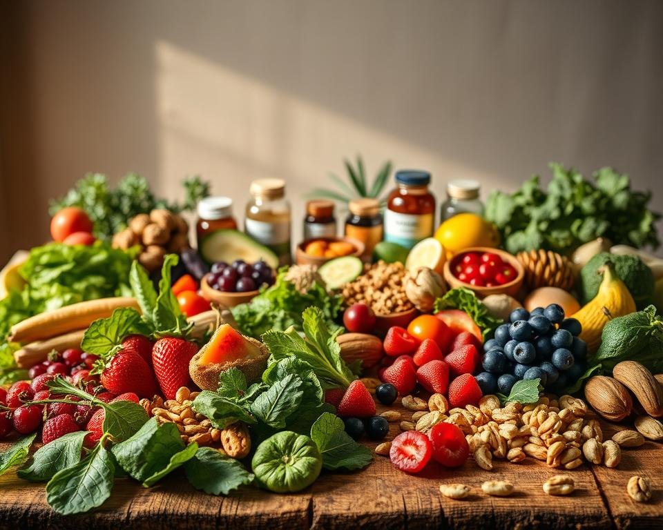 A vibrant array of nutrient-dense superfoods laid out on a rustic wooden table, bathed in warm, natural lighting. In the foreground, an assortment of leafy greens, vibrant berries, and crunchy nuts are expertly arranged, creating a visually appealing and appetizing display. In the middle ground, various jars and bottles containing powder supplements and extracts are strategically placed, hinting at the potent health benefits of these superfoods. The background features a minimal, clean-lined setting, allowing the vibrant colors and textures of the superfoods to take center stage, conveying a sense of purity, wellness, and natural goodness.