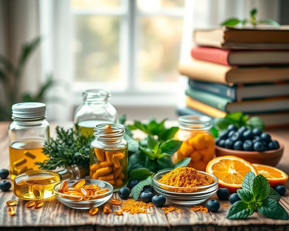 A vibrant still life featuring an array of brain-boosting ingredients arranged on a wooden tabletop. In the foreground, various supplements such as fish oil capsules, ginkgo biloba, and turmeric powder are displayed in glass jars and dishes. The middle ground showcases fresh herbs like rosemary, sage, and mint, along with sliced fruits like blueberries and oranges. In the background, a subtle bokeh effect highlights a stack of books on cognitive health, creating a warm, scholarly atmosphere. Soft, natural lighting from a nearby window casts a gentle glow over the scene, accentuating the rich colors and textures of the ingredients. The overall composition conveys a sense of wellness, balance, and an appreciation for the natural elements that support brain function.