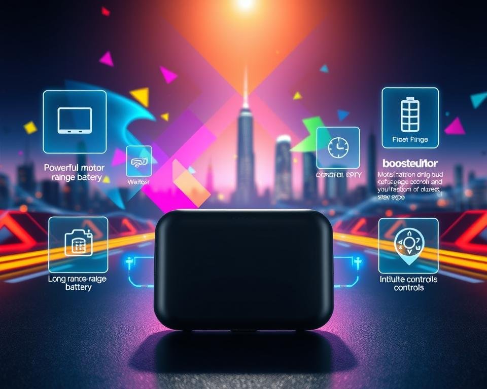 A vibrant, visually striking image showcasing the key features and benefits of the Boosted Pro. In the foreground, the Boosted Pro device is prominently displayed, its sleek, modern design and high-quality materials immediately catching the eye. Surrounding it are floating holographic icons and text, highlighting the product's advanced capabilities, such as its powerful motor, long-range battery, and intuitive controls. The middle ground features a dynamic, energetic backdrop, with colorful geometric shapes and patterns creating a sense of movement and innovation. In the background, a futuristic cityscape or technological landscape sets the scene, conveying the Boosted Pro's cutting-edge, forward-thinking nature. The lighting is bright, crisp, and directional, casting dramatic shadows and highlights to emphasize the product's premium quality and performance.