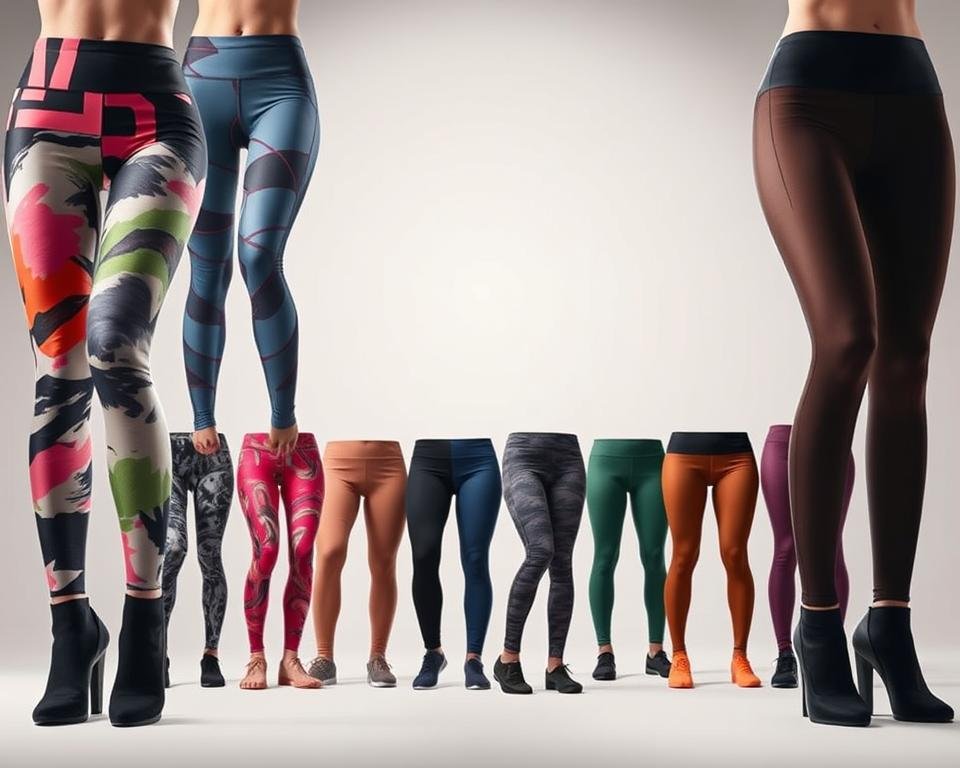 A visually striking set of resistance leggings showcasing a diverse array of stylish options. The foreground features several pairs of leggings in bold, eye-catching patterns and textures, such as geometric designs, abstract brushstrokes, and subtle gradient effects. The middle ground presents the leggings in various colors, from vibrant jewel tones to muted earth shades, highlighting the versatility of the collection. The background is a softly lit, minimalist studio setting, allowing the leggings to be the central focus. The overall mood is one of modern, sophisticated fashion, conveying the high-quality and innovative nature of the resistance leggings.