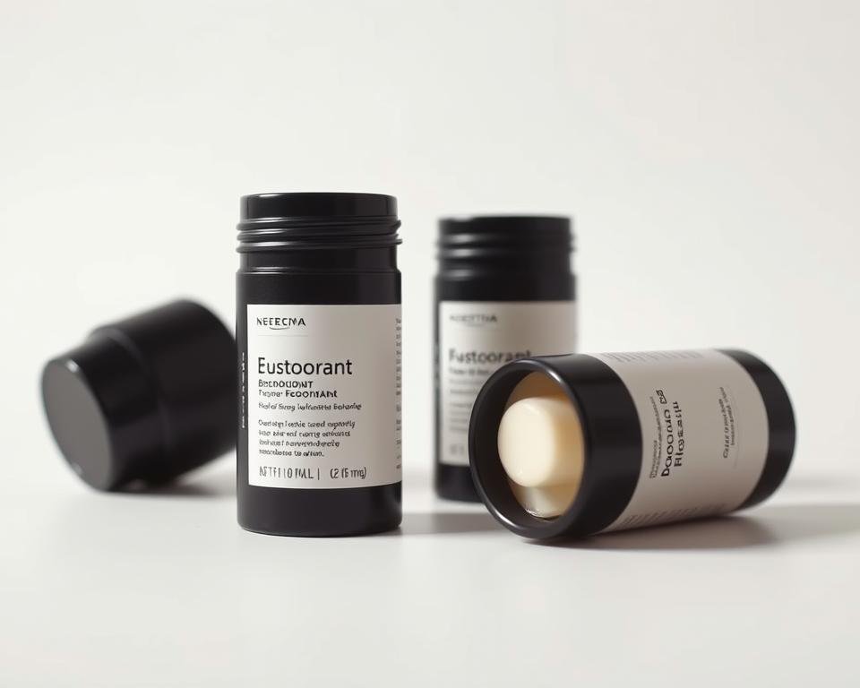 A well-lit, close-up shot of a set of sustainable deodorant refills, showcasing their sleek, minimalist design. The refills are presented on a clean, white background, allowing their eco-friendly packaging and reusable nature to be the focal point. The lighting is soft and diffused, creating a sense of warmth and highlighting the natural materials used in the refills. The camera angle is slightly angled, providing a dynamic perspective and emphasizing the refillable aspect of the product. The overall mood is one of simplicity, sustainability, and a commitment to reducing waste.