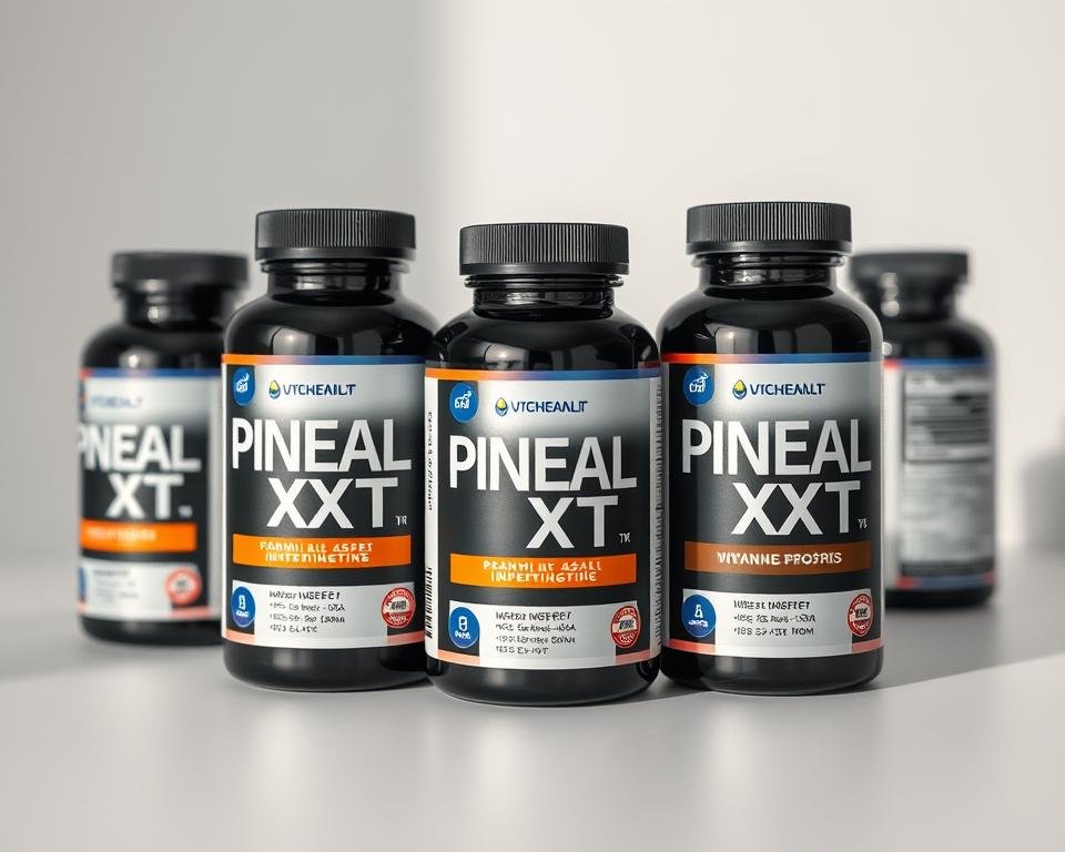 A well-lit, high-quality product shot of three different Pineal XT supplement bottles, arranged neatly on a clean, neutral-colored background. The bottles should be shown from multiple angles, highlighting their distinct designs and label details. The image should convey a sense of professionalism and objectivity, allowing the viewer to clearly compare and contrast the various Pineal XT formulations. Subtle shadows and reflections should be present to add depth and realism. The overall composition should be balanced and visually appealing, guiding the viewer's attention to the key elements of the comparison.