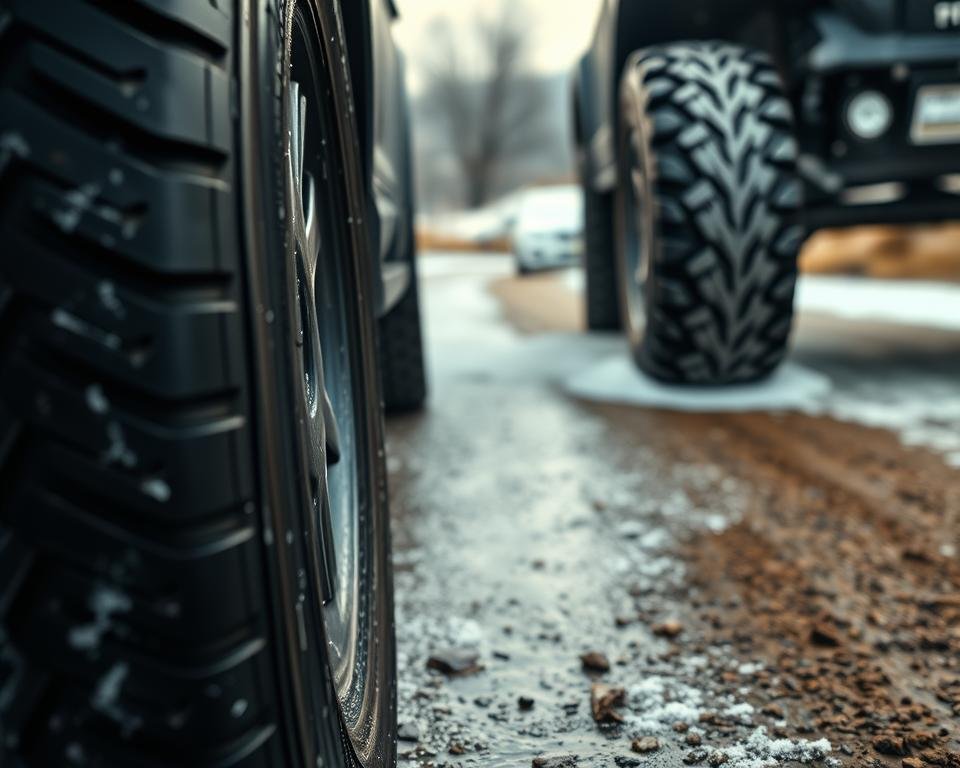 A well-lit, high-resolution close-up of a set of Fullway tires traversing a diverse range of weather conditions. The tires are shown gripping wet pavement, navigating through light snow, and maintaining traction on a dirt road. The foreground depicts the tires' tread pattern and sidewall in sharp detail, conveying their robust construction and all-weather capability. The middle ground showcases the tires' performance, with water spraying from the treads and snow being pushed aside. The background features a subtly blurred landscape, hinting at the versatility of the Fullway tires in various environments. The overall mood is one of confidence and reliability, reflecting the tires' ability to handle unpredictable weather with ease.