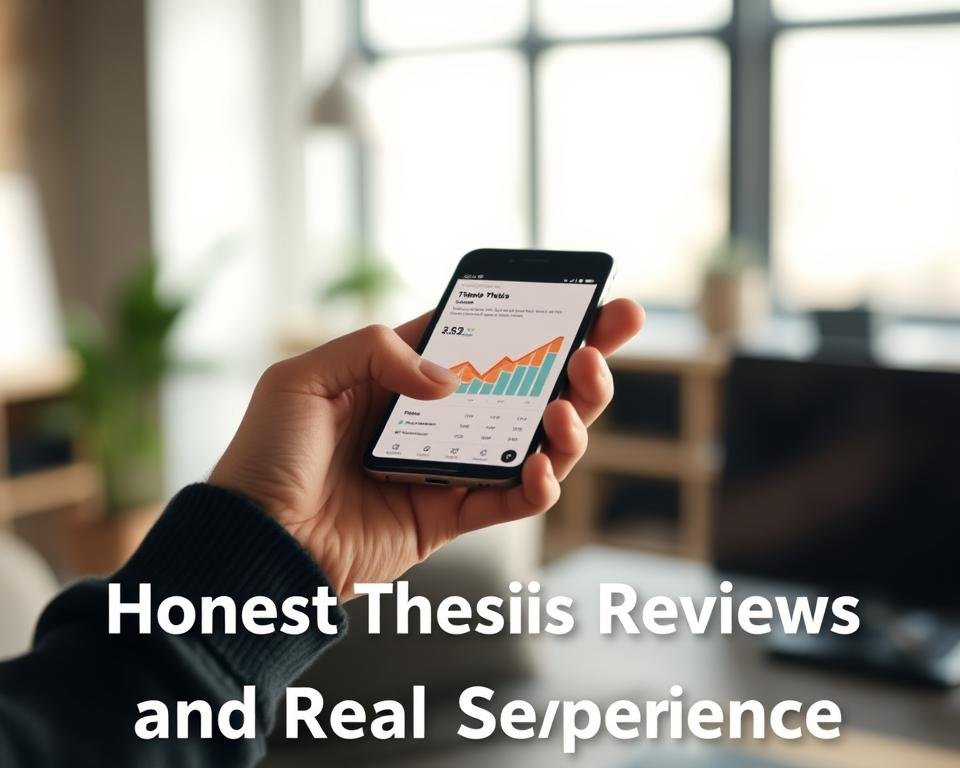 A well-lit, high-resolution photograph of a person's hand holding a mobile device, the screen displaying a chart or graph illustrating the results of a Thesis nootropics user experience study. The person's face is partially visible, with a thoughtful, introspective expression. The background is blurred, suggesting a modern, minimalist office or home setting. The lighting is soft and natural, creating a sense of warmth and authenticity. The overall mood is one of careful consideration and transparency, reflecting the "Honest Thesis Reviews and Real User Experiences" theme.