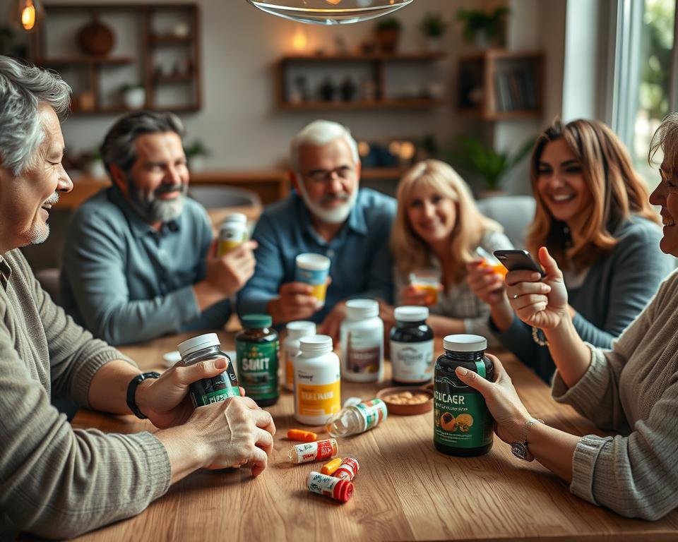 A well-lit, high-resolution photograph of several people sitting around a table, discussing and sharing their experiences with joint supplements. The foreground features hands holding various supplement bottles and packages, while the middle ground shows the faces of the people engaged in animated conversation. The background depicts a cozy, inviting setting, such as a modern home or a health-focused cafe, with natural lighting and minimal distractions. The overall atmosphere conveys a sense of trust, authenticity, and a genuine interest in understanding the real-world effects of joint health products.