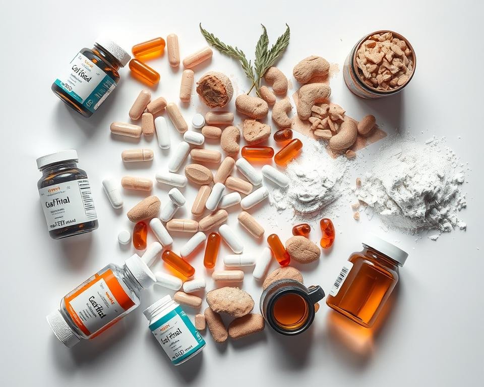 A well-lit, meticulously detailed image of a collection of various joint health supplements laid out on a clean, minimalist white background. The supplements are arranged in an orderly, visually appealing manner, with a focus on highlighting their diverse forms, such as capsules, tablets, and powders. The lighting casts subtle shadows, emphasizing the textures and materials of the products. The overall mood is one of clinical precision and objective assessment, conveying the importance of carefully considering the safety and potential side effects of these supplements.