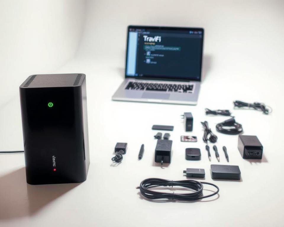 A well-lit, step-by-step guide for setting up TravlFi device. In the foreground, a TravlFi unit, its sleek black chassis and glowing status lights prominently displayed. On the middle ground, a neatly arranged array of cables, power adapter, and other accessories, all laid out in an organized manner. The background depicts a clean, minimalist workspace, with a laptop or tablet open, showcasing the TravlFi configuration interface. Soft, directional lighting illuminates the scene, creating depth and highlighting the key components. The overall mood is one of simplicity, efficiency, and attention to detail, capturing the essence of a seamless TravlFi setup experience.