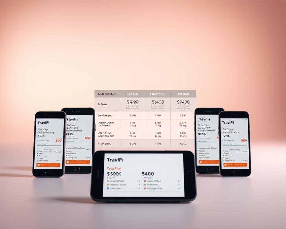 A well-lit studio scene showcasing a clean, minimalist comparison of TravlFi data plans. In the foreground, several mobile devices are neatly arranged, each displaying plan details and pricing. The middle ground features a simple table or chart highlighting the key differences between the plans, such as data allowances, speeds, and roaming capabilities. The background has a subtle, soft-focus gradient in complementary hues, creating a professional, high-quality impression. The overall composition is balanced, with a focus on clarity and legibility to effectively communicate the plan information.