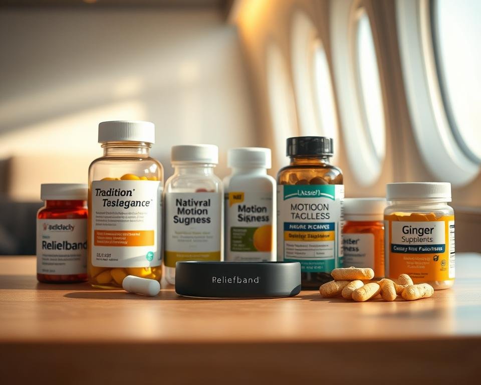 A well-lit tabletop scene showcasing an assortment of motion sickness remedies, including a Reliefband device, traditional medication bottles, and natural ginger supplements. The items are arranged in a clean, minimalist layout, with a soft focus background emphasizing the products. Warm, natural lighting illuminates the scene, creating a sense of wellness and efficacy. The image conveys a comparison of the different remedies, highlighting their unique features and potential benefits for relieving motion sickness.