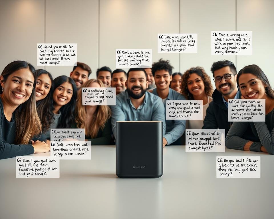 An artfully composed image depicting a group of diverse individuals sharing their enthusiastic Boosted Pro product reviews and testimonials. The foreground features a collection of user profiles showcasing their vibrant, smiling faces along with short, handwritten text blocks detailing their positive experiences. The middle ground presents a sleek, high-quality Boosted Pro device, captured from an alluring angle that highlights its premium design and functionality. The background sets a modern, minimalist scene with clean lines and soft, warm lighting, creating an overall atmosphere of professionalism, authenticity, and consumer satisfaction.
