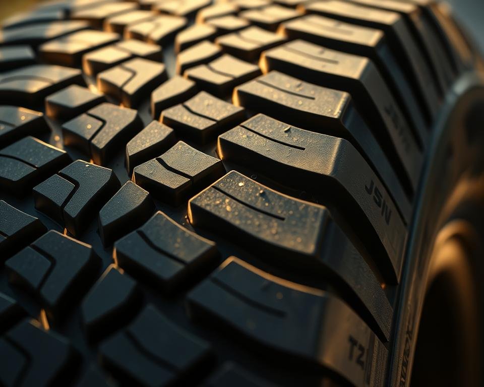 An extreme close-up of the intricate tread pattern on an Arroyo tire, illuminated by soft, directional lighting from the side. The deep grooves and sharp, angled lugs create a mesmerizing geometric design, hinting at the tire's excellent grip and off-road capabilities. The rubber surface has a rich, textured appearance, with subtle variations in color and sheen that give it depth and visual interest. The image is captured at a low angle, emphasizing the tire's powerful presence and rugged, durable construction, perfectly suited for tackling challenging terrains.