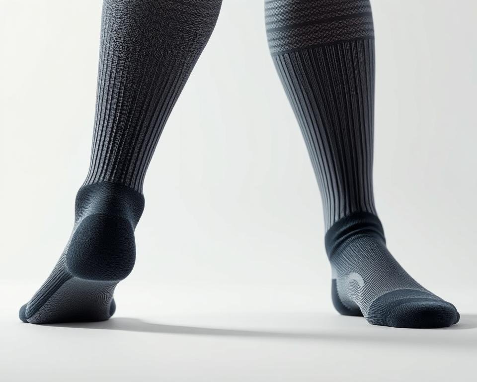 Compression socks design with intricate patterns and textures. A close-up view showcasing the seamless construction, ribbed texture, and subtle gradients of color. The socks are positioned on a clean, bright background, allowing the design elements to take center stage. Soft, diffused lighting accentuates the fabric's sheen and highlights the compression technology. The overall composition emphasizes the socks' functional yet stylish appearance, conveying a sense of comfort and support.