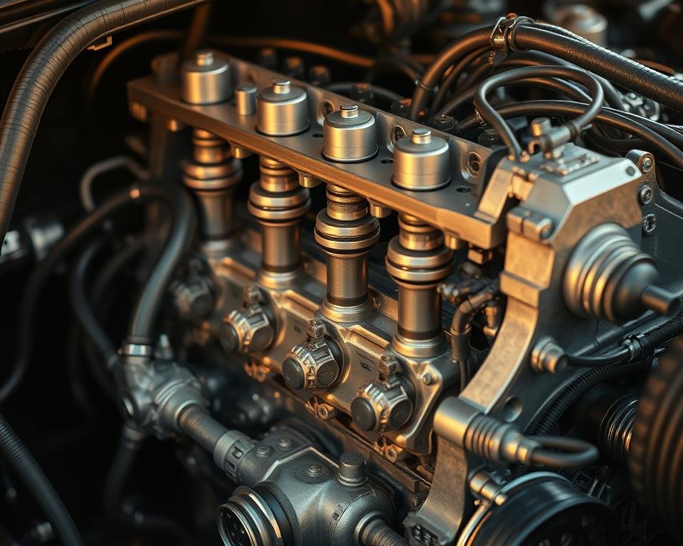 Detailed close-up of a modern engine block with intricate mechanical components, pistons, and a complex network of interconnected tubes and wires. The engine is shown in a state of partial disassembly, revealing its inner workings. Warm, natural lighting creates a sense of depth and dimension, highlighting the metallic textures and the precision engineering of the machinery. The overall composition conveys a technical, analytical, and informative mood, emphasizing the advanced automotive technology at the heart of the Valvoline Restore & Protect product.