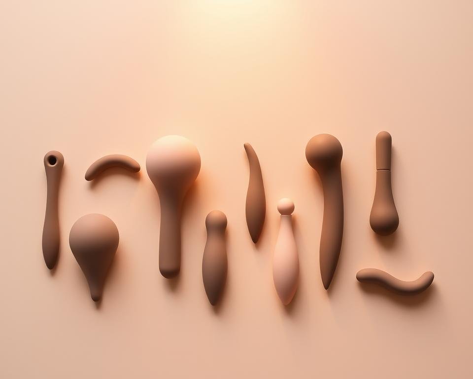 Elegant array of beginner-friendly silicone pleasure products neatly arranged on a soft, neutral-toned background. The items, ranging from small to medium in size, have a sleek, minimalist design with gentle curves and a matte finish. Warm, diffused lighting from above creates subtle shadows, highlighting the smooth textures and organic shapes. The products are presented in a manner that conveys a sense of quality, simplicity, and approachability, suitable for those new to the world of intimate accessories.