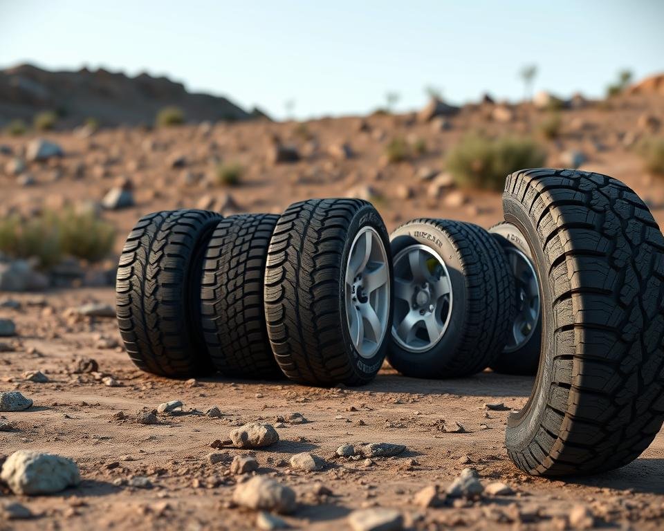 High-quality 3D render of the Cooper Stronghold AT tire in the foreground, shown alongside a side-by-side comparison with similar all-terrain tires from competitors like Goodyear, Michelin, and BFGoodrich. The Stronghold AT should have a prominent, detailed focal point, with the competing tires displayed in a clean, minimalist arrangement in the middle ground. The background should feature a rugged, off-road environment with rocky terrain, dirt, and sparse vegetation to showcase the tires' capabilities. Utilize realistic lighting, depth of field, and camera angles to create a professional, informative product comparison scene.