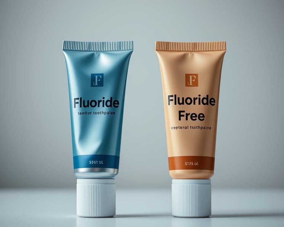 Two side-by-side tubes of toothpaste, one labeled "Fluoride" and the other "Fluoride-Free", set against a soft, blurred background with muted colors. The fluoride toothpaste tube has a cool, metallic blue hue, while the fluoride-free tube has a warm, earthy tone. The lighting is soft and diffused, creating a serene, clinical atmosphere. The composition is balanced, with the two tubes positioned symmetrically and taking up the majority of the frame. The scene conveys a sense of comparison and consideration, inviting the viewer to examine the differences between the two products.