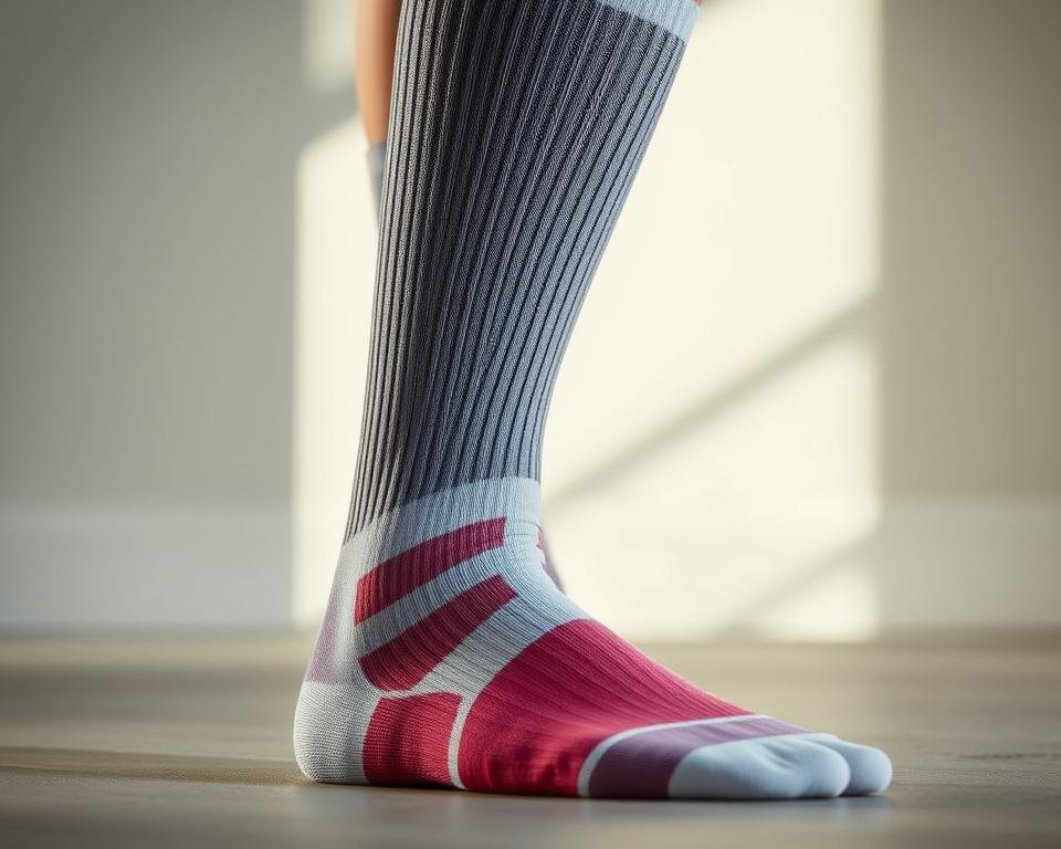 a detailed close-up view of a pair of graduated compression socks, captured in soft, natural lighting that accentuates the texture and sheen of the fabric. The socks are positioned in the foreground, showcasing their unique graduated compression design, with a smooth and supportive heel and ankle area transitioning into a ribbed, structured leg section. The mid-ground features a clean, minimalist background, allowing the socks to be the focal point. The overall atmosphere is one of simplicity, quality, and a focus on the key features and benefits of the Viasox compression socks.