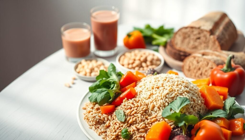 A beautifully lit, minimalist still life showcasing various nutrient-dense carbohydrate sources that are beneficial for individuals with PCOS. In the foreground, a platter features a variety of whole grains such as brown rice, quinoa, and whole wheat bread, alongside colorful vegetables like sweet potatoes, leafy greens, and bell peppers. The middle ground includes a glass of fresh fruit smoothie and a plate of legumes like chickpeas and lentils. The background is softly blurred, creating a soothing, airy atmosphere that emphasizes the nutritional quality and versatility of these carb-rich foods for managing PCOS. A beautifully lit, minimalist still life showcasing various nutrient-dense carbohydrate sources that are beneficial for individuals with PCOS. In the foreground, a platter features a variety of whole grains such as brown rice, quinoa, and whole wheat bread, alongside colorful vegetables like sweet potatoes, leafy greens, and bell peppers. The middle ground includes a glass of fresh fruit smoothie and a plate of legumes like chickpeas and lentils. The background is softly blurred, creating a soothing, airy atmosphere that emphasizes the nutritional quality and versatility of these carb-rich foods for managing PCOS.