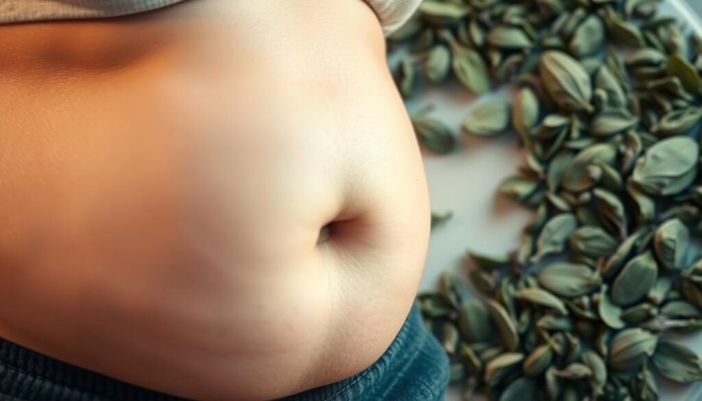 A bloated abdomen, distended and swollen, the skin taut and uncomfortable. In the foreground, a close-up view showcases the protruding belly, with a subtle green tint hinting at the underlying digestive discomfort. The middle ground features a serene, soothing backdrop of calming herbal tea leaves, their soft, natural hues creating a sense of tranquility. The lighting is soft and diffused, casting a warm, gentle glow that emphasizes the connection between the bloated stomach and the restorative properties of the herbal remedy. The overall mood is one of relief and remedy, inviting the viewer to imagine the soothing effects of the herbal tea on the digestive system. A bloated abdomen, distended and swollen, the skin taut and uncomfortable. In the foreground, a close-up view showcases the protruding belly, with a subtle green tint hinting at the underlying digestive discomfort. The middle ground features a serene, soothing backdrop of calming herbal tea leaves, their soft, natural hues creating a sense of tranquility. The lighting is soft and diffused, casting a warm, gentle glow that emphasizes the connection between the bloated stomach and the restorative properties of the herbal remedy. The overall mood is one of relief and remedy, inviting the viewer to imagine the soothing effects of the herbal tea on the digestive system.