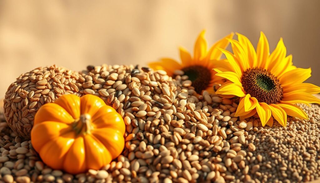 A bountiful harvest of various seeds, including flax, pumpkin, sunflower, and chia, arranged artfully against a soft, blurred background. The seeds are bathed in warm, golden light, casting gentle shadows that add depth and dimension to the composition. The overall mood is one of natural wellness and vitality, reflecting the potential health benefits of seed cycling. The image is captured from a slightly elevated angle, allowing the viewer to appreciate the variety and interplay of the different seed types. A bountiful harvest of various seeds, including flax, pumpkin, sunflower, and chia, arranged artfully against a soft, blurred background. The seeds are bathed in warm, golden light, casting gentle shadows that add depth and dimension to the composition. The overall mood is one of natural wellness and vitality, reflecting the potential health benefits of seed cycling. The image is captured from a slightly elevated angle, allowing the viewer to appreciate the variety and interplay of the different seed types.