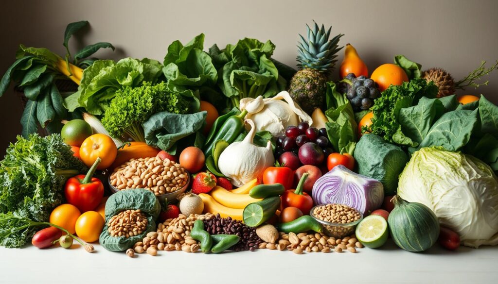 A bountiful table overflowing with a vibrant array of whole, nutrient-dense foods - leafy greens, cruciferous vegetables, fresh fruits, legumes, nuts, and seeds. The scene is bathed in soft, natural lighting that accentuates the rich colors and textures of the produce. In the foreground, a clean, minimalist table setting frames the organic bounty, while the background fades into a simple, muted backdrop, allowing the foods to take center stage. The overall atmosphere is one of health, balance, and the abundance of nature's most alkaline-promoting ingredients.
