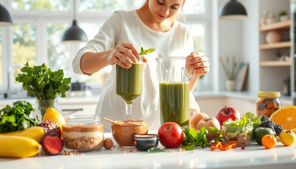 A bright, airy kitchen with natural light streaming in through large windows. A modern, well-equipped counter space where a person is carefully assembling a vibrant, nutrient-dense smoothie. Various fresh fruits, leafy greens, nut butters, and other wholesome ingredients are neatly arranged, ready to be measured and blended into a perfectly balanced concoction. The person's movements are precise and intentional, reflecting a mindful approach to crafting a healthful, satisfying drink. The scene conveys a sense of control, organization, and expertise in the art of smoothie-making. A bright, airy kitchen with natural light streaming in through large windows. A modern, well-equipped counter space where a person is carefully assembling a vibrant, nutrient-dense smoothie. Various fresh fruits, leafy greens, nut butters, and other wholesome ingredients are neatly arranged, ready to be measured and blended into a perfectly balanced concoction. The person's movements are precise and intentional, reflecting a mindful approach to crafting a healthful, satisfying drink. The scene conveys a sense of control, organization, and expertise in the art of smoothie-making.