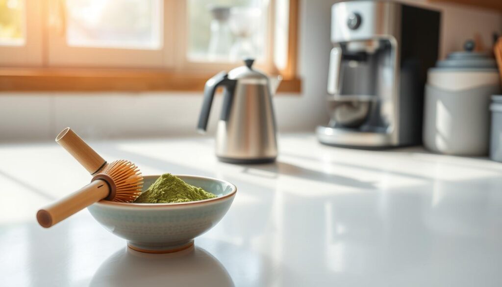 A clean, minimalist kitchen countertop. In the foreground, a traditional Japanese ceramic matcha bowl, bamboo whisk, and matcha powder. Sunlight filters through a nearby window, casting a soft, natural glow. The middle ground features a modern kettle, steaming with hot water. In the background, a sleek, stainless steel appliance, perhaps an espresso machine, stands ready to brew the perfect cup. The overall scene conveys a sense of ritual, tranquility, and the contrast between the ancient and the modern in the world of caffeinated beverages. A clean, minimalist kitchen countertop. In the foreground, a traditional Japanese ceramic matcha bowl, bamboo whisk, and matcha powder. Sunlight filters through a nearby window, casting a soft, natural glow. The middle ground features a modern kettle, steaming with hot water. In the background, a sleek, stainless steel appliance, perhaps an espresso machine, stands ready to brew the perfect cup. The overall scene conveys a sense of ritual, tranquility, and the contrast between the ancient and the modern in the world of caffeinated beverages.