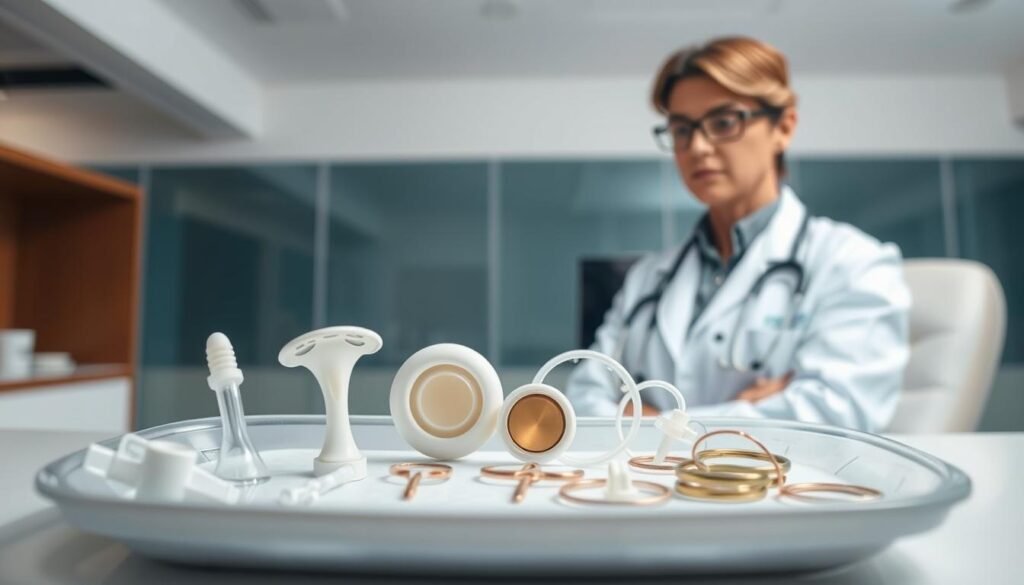 A clean, well-lit medical examination room. In the foreground, an array of non-hormonal birth control methods - from intrauterine devices to diaphragms and copper rings - arranged on a sterile tray. In the middle ground, a gynecologist in a white coat, studying the options with a thoughtful expression. The background is blurred, but conveys a sense of authority and expertise. The lighting is soft and natural, highlighting the medical instruments and the doctor's focused gaze. The overall atmosphere is one of clinical professionalism and meticulous evaluation of the various non-hormonal contraceptive choices.
