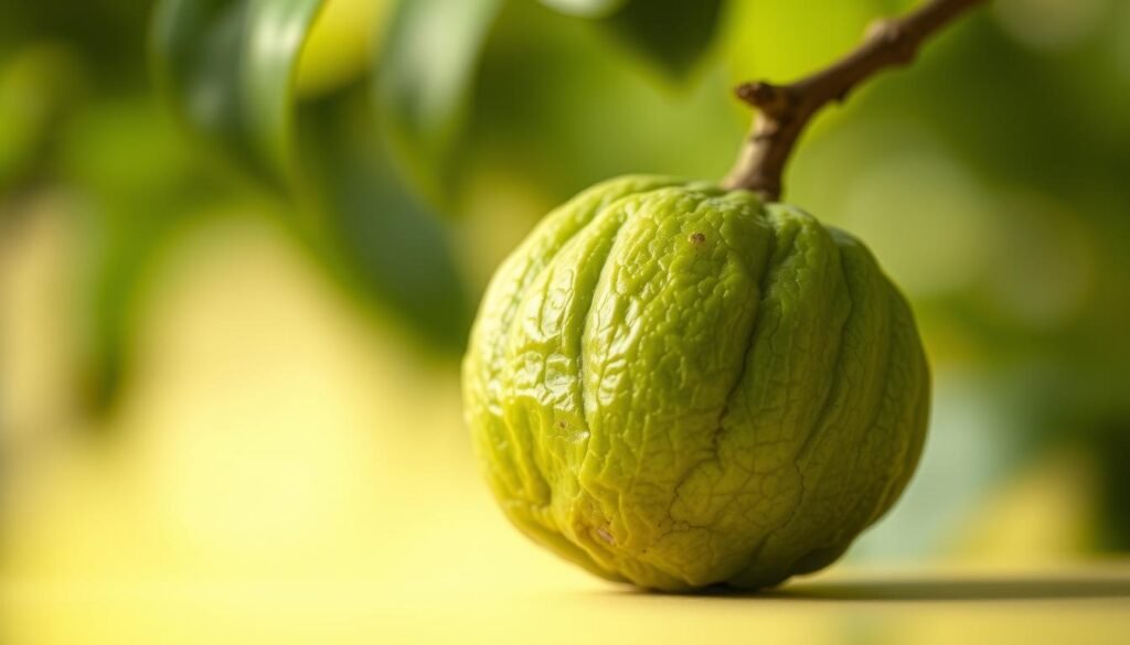 A close-up, highly detailed, photorealistic image of an Indian gooseberry (Emblica officinalis), also known as amla, against a soft, blurred, natural background. The gooseberry is shown in the foreground, its wrinkled, vibrant green skin and distinctive spherical shape filling the frame. Subtle ambient lighting casts gentle shadows, highlighting the fruit's delicate texture and subtle sheen. The background is hazy and out of focus, suggesting a lush, verdant setting, perhaps a garden or forest. The overall mood is serene, inviting the viewer to appreciate the natural beauty and traditional uses of this important Ayurvedic ingredient. A close-up, highly detailed, photorealistic image of an Indian gooseberry (Emblica officinalis), also known as amla, against a soft, blurred, natural background. The gooseberry is shown in the foreground, its wrinkled, vibrant green skin and distinctive spherical shape filling the frame. Subtle ambient lighting casts gentle shadows, highlighting the fruit's delicate texture and subtle sheen. The background is hazy and out of focus, suggesting a lush, verdant setting, perhaps a garden or forest. The overall mood is serene, inviting the viewer to appreciate the natural beauty and traditional uses of this important Ayurvedic ingredient.