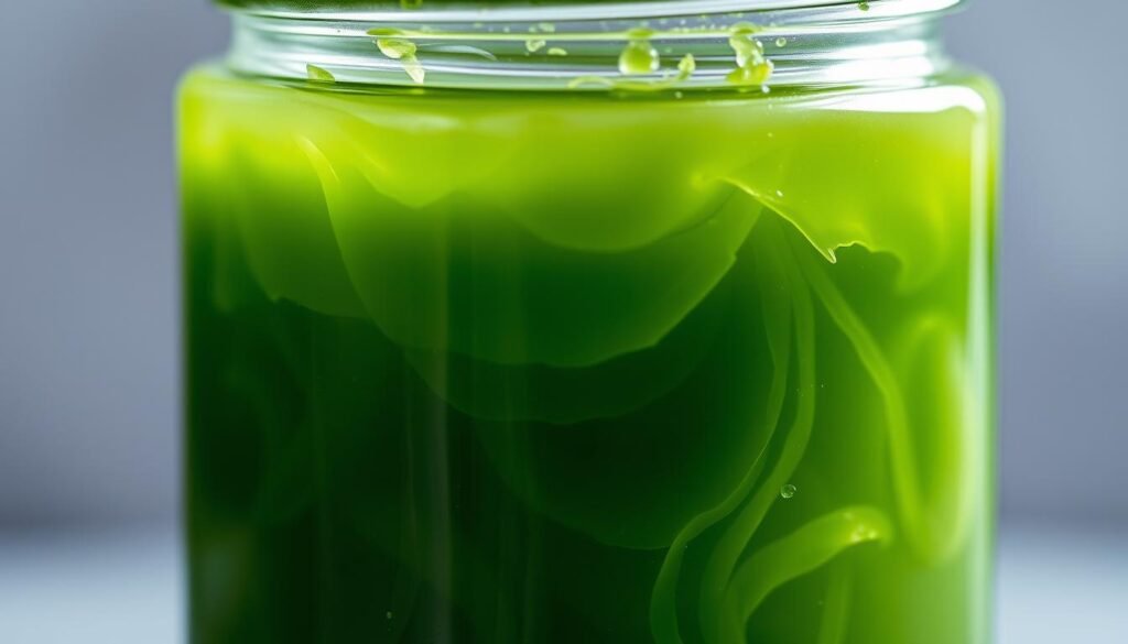 A close-up photo of a glass jar filled with a thick, translucent green gel. The gel has a slightly iridescent sheen and appears to be made up of small, delicate strands that swirl and flow within the container. The lighting is soft and diffused, casting gentle shadows that accentuate the texture and depth of the gel. The background is blurred, placing the focus entirely on the jar and its mesmerizing contents. The overall impression is one of natural, earthy elegance, conveying the essence of the sea moss superfood. A close-up photo of a glass jar filled with a thick, translucent green gel. The gel has a slightly iridescent sheen and appears to be made up of small, delicate strands that swirl and flow within the container. The lighting is soft and diffused, casting gentle shadows that accentuate the texture and depth of the gel. The background is blurred, placing the focus entirely on the jar and its mesmerizing contents. The overall impression is one of natural, earthy elegance, conveying the essence of the sea moss superfood.