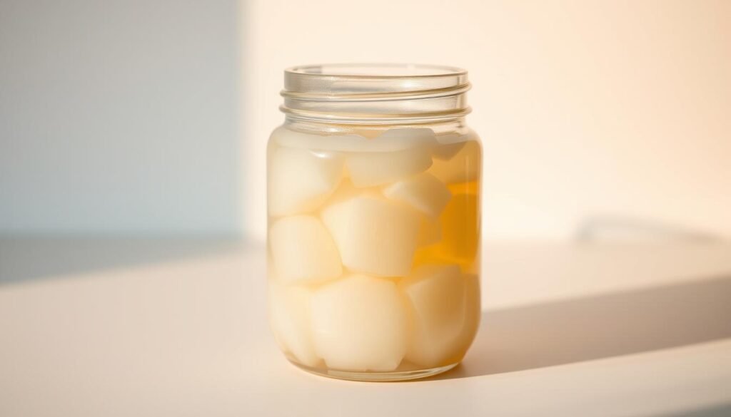A close-up photograph of a glass jar filled with clear, translucent coconut oil, illuminated by warm, diffused lighting. The jar is placed on a clean, white surface, allowing the rich, creamy texture and golden hue of the oil to be the focal point. The composition emphasizes the purity and natural qualities of the oil, conveying a sense of wellness and health. The lighting casts subtle shadows, adding depth and dimension to the image, while maintaining a simple, minimalist aesthetic.