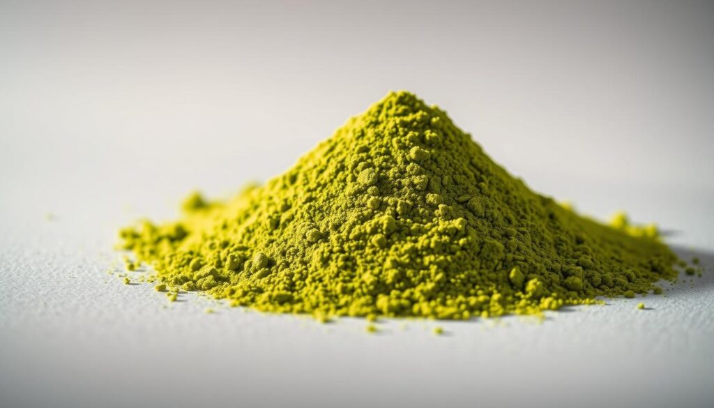 A close-up shot of a pile of vibrant green matcha powder, gently illuminated from the side to showcase its fine, silky texture. The powder is arranged neatly, with soft shadows and highlights accentuating its distinctive hue and delicate appearance. The background is a simple, neutral color, allowing the matcha to be the central focus of the image. The lighting is soft and diffused, creating a calming, high-quality aesthetic that would complement the informative text about the nature and preparation of this antioxidant-rich Japanese green tea. A close-up shot of a pile of vibrant green matcha powder, gently illuminated from the side to showcase its fine, silky texture. The powder is arranged neatly, with soft shadows and highlights accentuating its distinctive hue and delicate appearance. The background is a simple, neutral color, allowing the matcha to be the central focus of the image. The lighting is soft and diffused, creating a calming, high-quality aesthetic that would complement the informative text about the nature and preparation of this antioxidant-rich Japanese green tea.