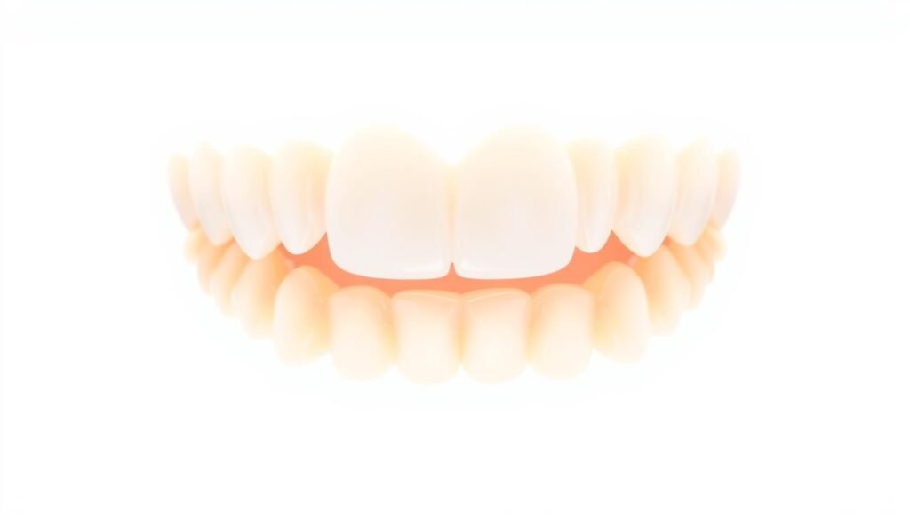 A close-up shot of a set of pristine, luminous teeth against a stark white background, illuminated by natural, directional lighting that highlights their pearly luster. The teeth are evenly spaced, with no visible discoloration or imperfections, radiating a sense of cleanliness and purity. The overall composition emphasizes the teeth's bright, unblemished appearance, conveying a sense of dental health and hygiene. The image captures the essence of the section's focus on the scientific claims and evidence surrounding teeth whitening.
