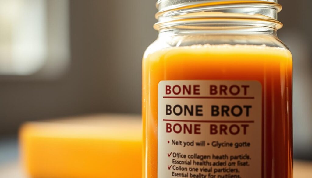 A close-up shot of a transparent glass jar filled with a rich, golden-brown liquid, showcasing the natural contents of bone broth. The foreground features the liquid with visible flecks of collagen and glycine particles suspended within, illuminated by soft, natural lighting that casts a warm glow. The middle ground displays the jar's label, highlighting the key nutrients and health benefits of the bone broth. The background is blurred, creating a sense of focus and emphasis on the jar's contents. The overall mood is one of purity, transparency, and the natural abundance of essential nutrients found in this nourishing, homemade elixir. A close-up shot of a transparent glass jar filled with a rich, golden-brown liquid, showcasing the natural contents of bone broth. The foreground features the liquid with visible flecks of collagen and glycine particles suspended within, illuminated by soft, natural lighting that casts a warm glow. The middle ground displays the jar's label, highlighting the key nutrients and health benefits of the bone broth. The background is blurred, creating a sense of focus and emphasis on the jar's contents. The overall mood is one of purity, transparency, and the natural abundance of essential nutrients found in this nourishing, homemade elixir.