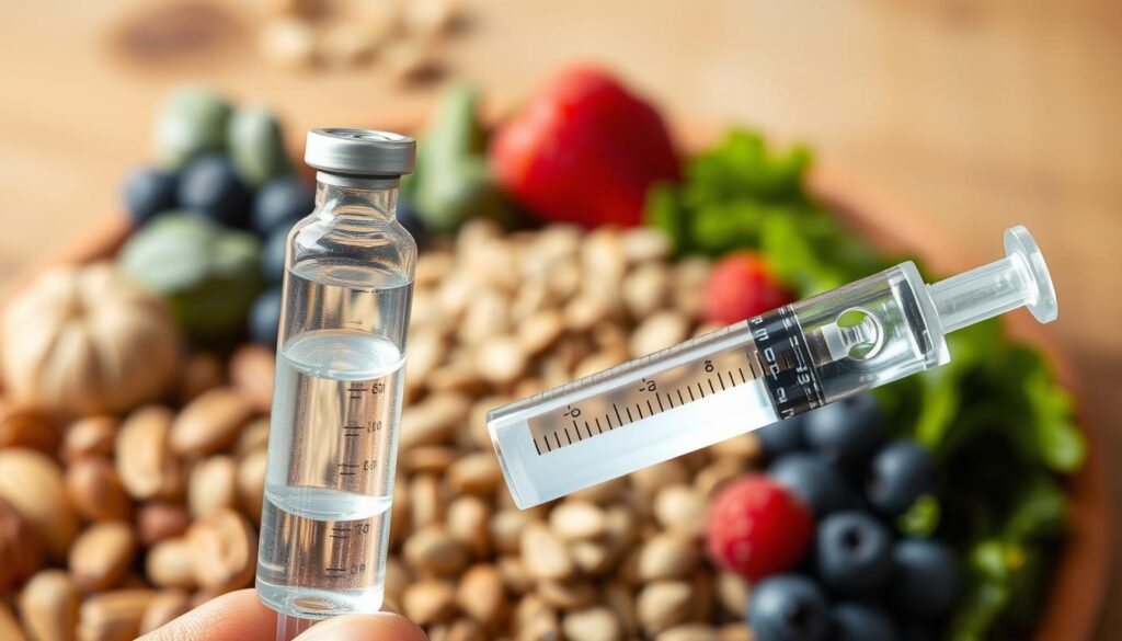 A close-up view of an insulin syringe filled with a clear liquid, held against a backdrop of various diabetes-management food items. The syringe is illuminated with soft, natural lighting, casting subtle shadows and highlights to emphasize its medical purpose. The foreground features the syringe in sharp focus, while the middle ground showcases a selection of whole, unprocessed foods such as nuts, seeds, berries, and leafy greens, arranged in a visually appealing manner. The background blurs into a warm, earthy tone, creating a calming and professional atmosphere that conveys the importance of dietary choices in managing insulin levels. A close-up view of an insulin syringe filled with a clear liquid, held against a backdrop of various diabetes-management food items. The syringe is illuminated with soft, natural lighting, casting subtle shadows and highlights to emphasize its medical purpose. The foreground features the syringe in sharp focus, while the middle ground showcases a selection of whole, unprocessed foods such as nuts, seeds, berries, and leafy greens, arranged in a visually appealing manner. The background blurs into a warm, earthy tone, creating a calming and professional atmosphere that conveys the importance of dietary choices in managing insulin levels.